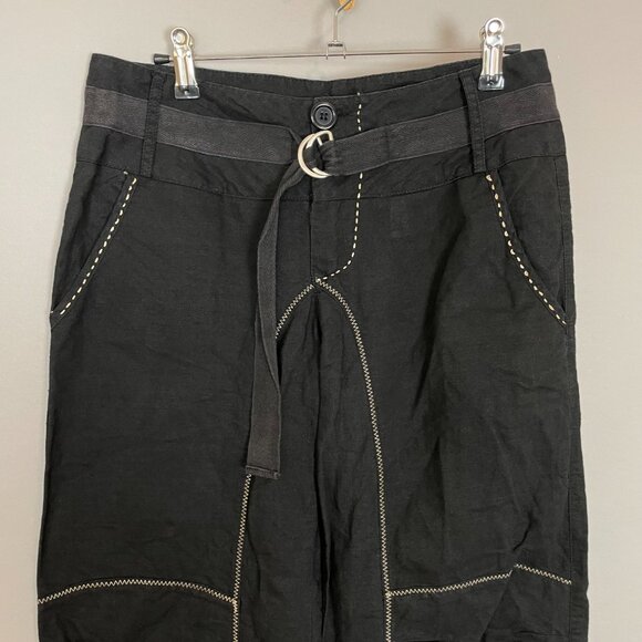 Black Pants Linen‎ Cotton Buckle Waist Size 2 Low Rise Cropped Skater Casual - Picture 13 of 13